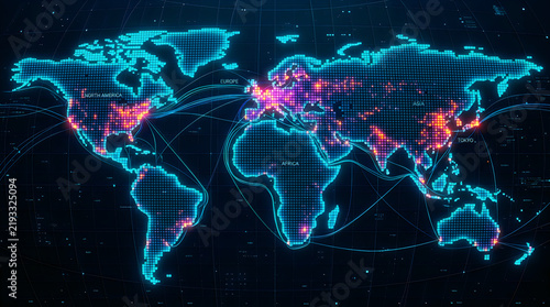 Neon blue world map with glowing data hotspots and digital communication lines across global continents.