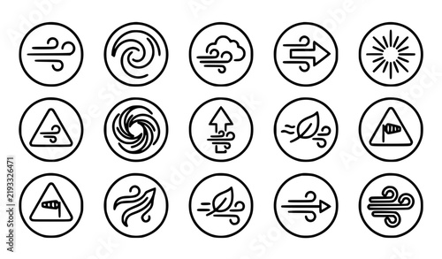 Quadro su tela Strong Wind Weather Badge and Airflow Black Outline Vector Icon Set