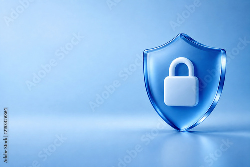 Cybersecurity and data protection concept. Glass shield icon with white padlock symbol. Digital defense system and network security against cyber threats. Professional business background