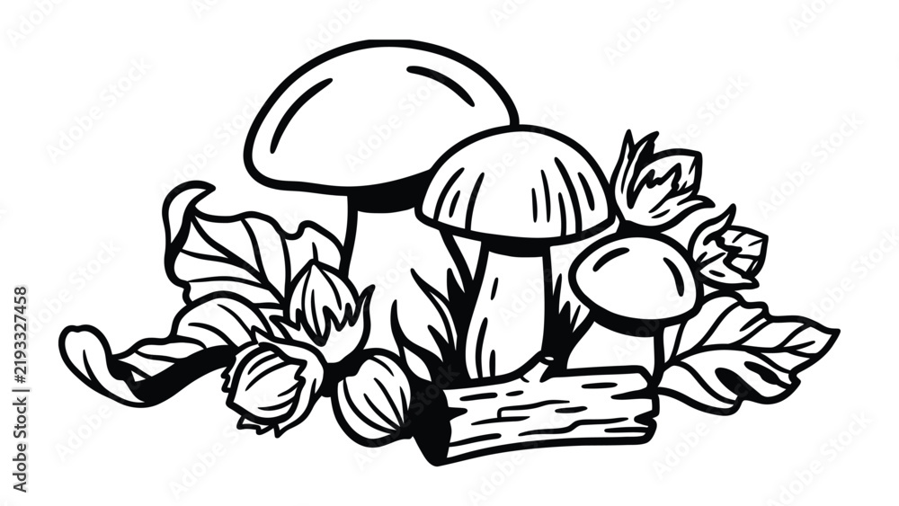 Fototapeta premium Mushroom and Hazelnut Illustration: A stylized black and white illustration featuring a cluster of mushrooms alongside hazelnuts and leaves, evoking a natural, autumnal harvest feel.