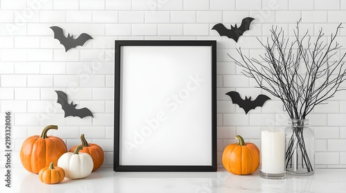 Black picture frame mockup with pumpkins, Halloween home decor, vase of flowers on table in scandinavian kitchen interior. Happy Halloween poster design.