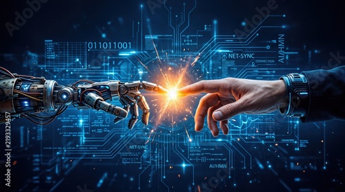 Ethical AI and Human Collaboration concept. Robotic hand and human finger touching with glowing light spark. Future technology partnership and digital innovation photo.