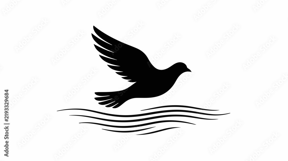 Fototapeta premium Black silhouette of a dove flying over wavy water