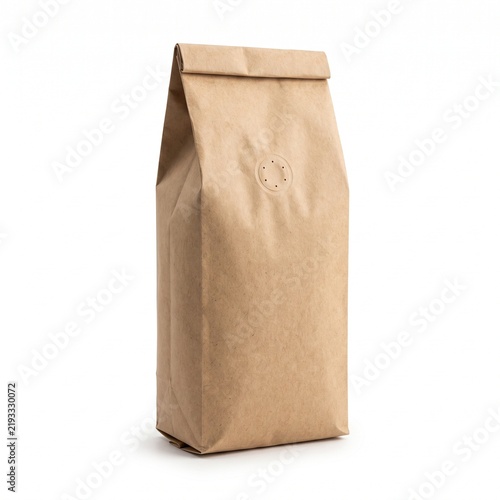 Brown kraft paper coffee bag mockup, blank eco-friendly food packaging with degas valve, recycled paper pouch for roasted beans or tea