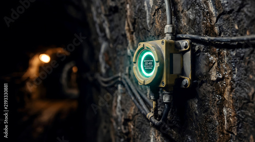 Industrial sensor monitor mounted on a dark mine wall displays a glowing green status indicator underground.