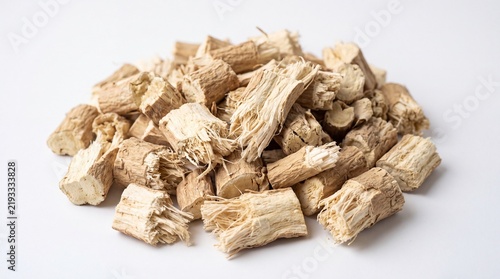 Dried licorice root pieces for herbal medicine, organic glycyrrhiza glabra wood chunks, natural fibrous botanical ingredients for wellness tea isolated PNG with Transparent Background