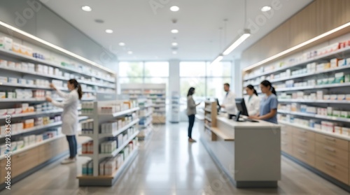 Blurred perspective of modern pharmacy interior with pharmacists working at counter