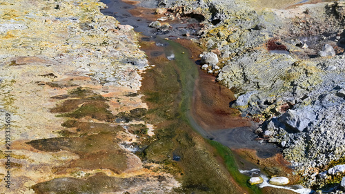 Cuadro en lienzo Colorful mineral stream winding through geothermal ground at Kerlingarfjoll, Iceland, with sulfur crust and rust-colored mineral deposits
