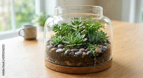 Lush Green Succulent Terrarium in a Glass Container with Pebbles and Cork Base