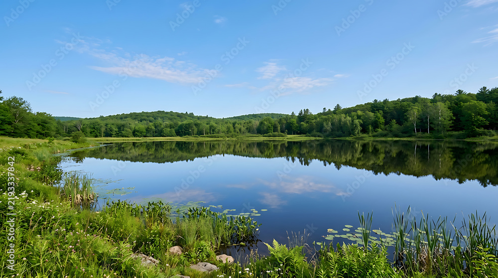 Fototapeta premium Serene pond reflecting lush green forest hills under a clear blue sky