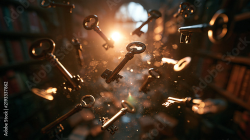 Floating Vintage Keys in Magical Old Library