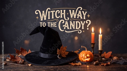 Halloween-themed witch hat and jack-o'-lantern displayed on rustic wooden table with copy space for branding