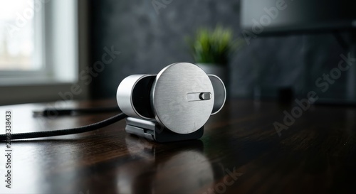 Sleek brushed aluminum webcam with digital lens for computer video calls and streaming