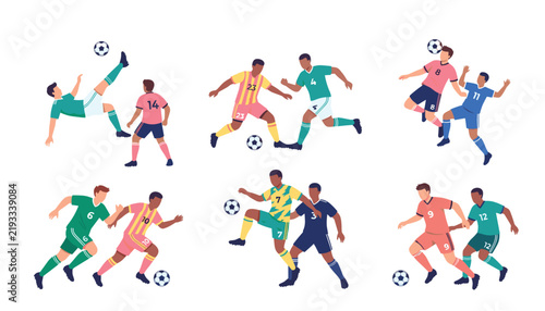 Fotografie Soccer players action vector illustration set featuring diverse football athlete