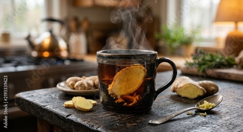 Steaming mug of hot ginger tea with fresh ginger slices on a rustic kitchen counter