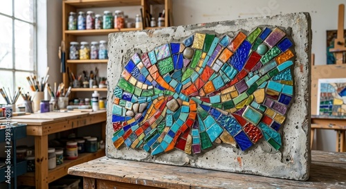 Vividly Colored Mosaic Fish Artwork Displayed in a Creative Artist Studio Setting