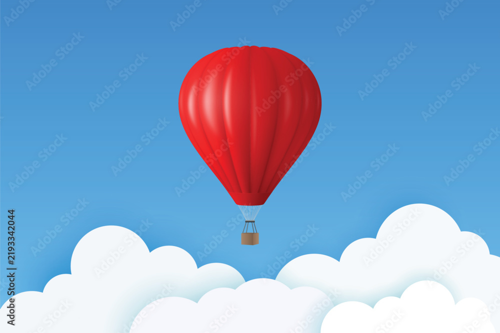 Fototapeta premium Vector Travel Banner with 3d Realistic Red Hot Air Balloon Icon on a Blue Sky Background. Design Template, Summer Vacation, Travelling, Tourism and Journey Concept