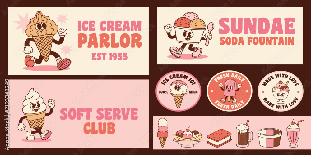 Fototapeta premium cartoon ice cream comic retro happy walking mascot gelato vintage funny cone nice freeze