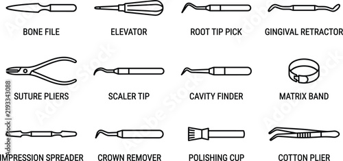 Bild auf Leinwand Dental instruments equipment featuring bone file elevator root tip pick retracto