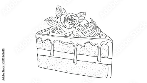 Detailed coloring page illustration of a delicious slice of layered cake topped with a rose and decorative cream swirl.