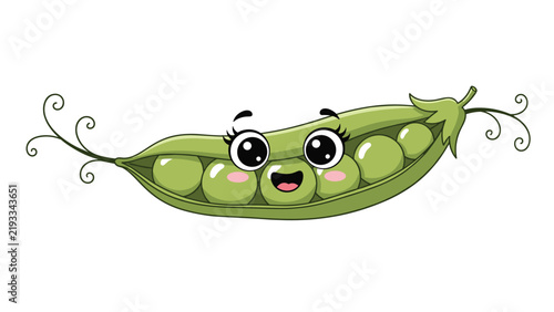Cute green pea pod cartoon character with many happy peas smiling inside and delicate vines on the ends for children.