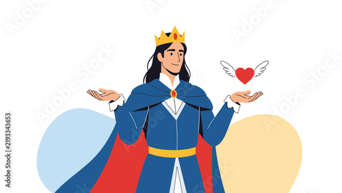 Noble king wearing a golden crown and blue royal cape presenting a floating red heart with wings between his hands.