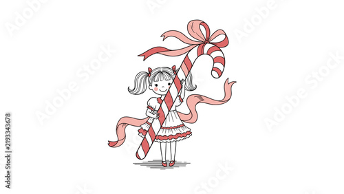 Sweet little girl in a ruffled dress holding a giant red and white striped candy cane tied with a large bow.
