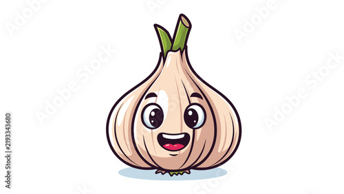 Adorable cartoon garlic bulb character with big expressive eyes and a happy smiling face isolated on white background.