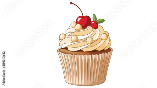 Delicious chocolate cupcake with swirls of white and caramel frosting topped with cherries and elegant gold pearls.