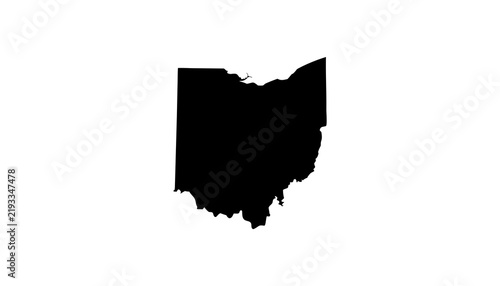 A minimalist, solid black silhouette map of the state of Ohio, clearly outlining its characteristic borders and geographical shape against a clean white background