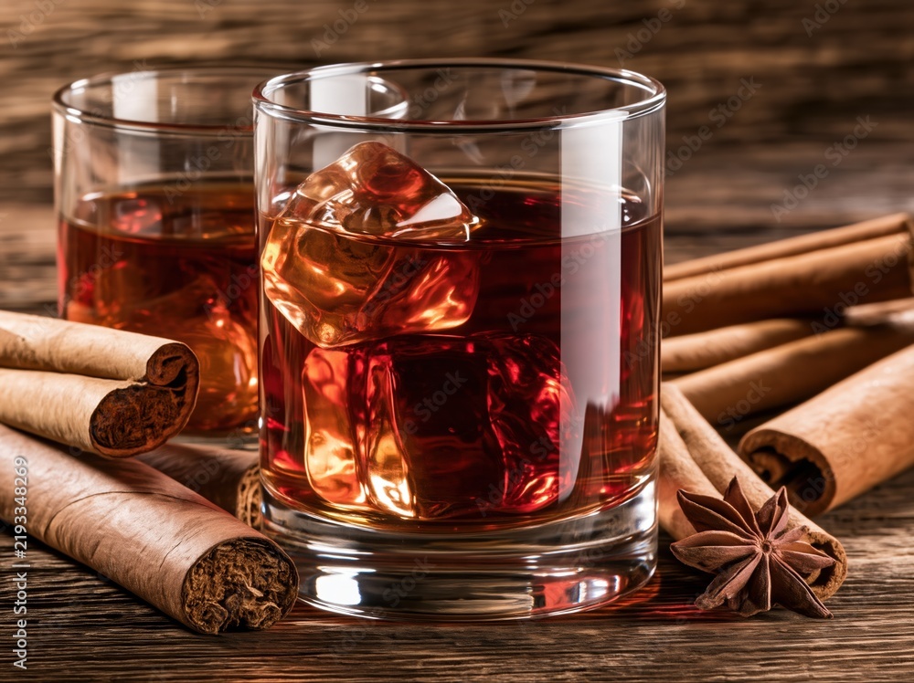 Obraz premium Rich amber spirit poured over ice in a glass, surrounded by cigars and warm spices on a wooden surface