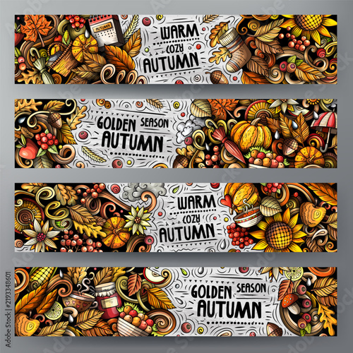 Collection of horizontal autumn banners with pumpkins, leaves, acorns, berries and sunflowers in colorful hand drawn doodle style.