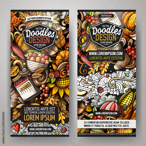 Set of vertical autumn banner templates featuring pumpkins, leaves, acorns, berries and sunflowers in colorful hand drawn doodle style.
