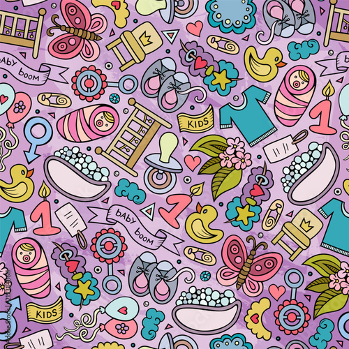 Colorful seamless baby pattern with pacifier, rattle, rubber duck, stroller, baby bottle and clothes in a playful hand drawn doodle style.