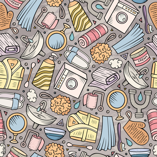 Colorful seamless bathroom pattern with soap, toothbrush, toothpaste, shampoo, mirror, comb, towel and cosmetics in a hand drawn doodle style.