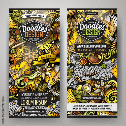 Set of vertical honey banner templates with bees, honeycomb, honey dipper, beehive and flowers in colorful hand drawn doodle style.