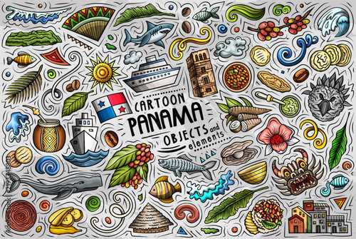 Colorful Panama travel doodle objects set with a canal ship, coffee, tropical flower, toucan, fish and traditional hat in a decorative hand drawn style.