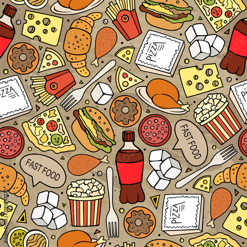 Colorful seamless fast food pattern with pizza, hamburger, hot dog, french fries, popcorn and snacks in a hand drawn doodle style.