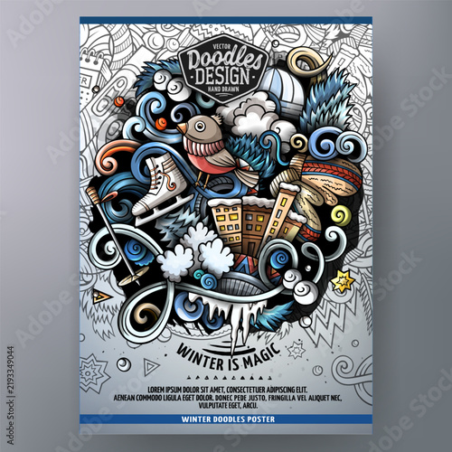 Vertical winter poster template with snowman, bird, ice skates, scarf, pine cone and snowflakes in a colorful hand drawn doodle style.
