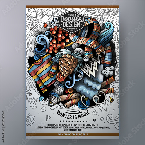 Vertical winter poster template with snowman, bird, ice skates, scarf, pine cone and snowflakes in a colorful hand drawn doodle style.
