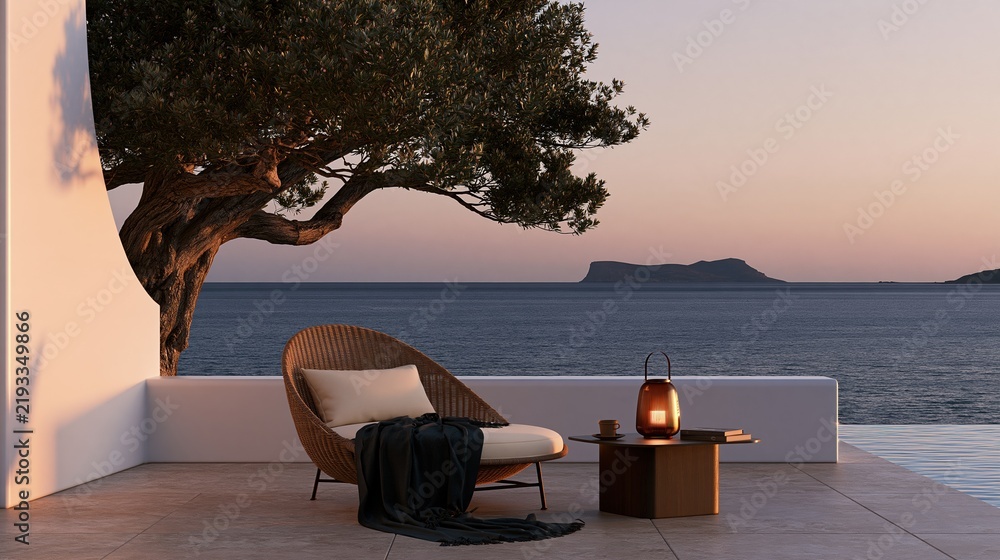 Fototapeta premium Relaxing outdoor patio with modern wicker chair and lantern overlooking serene ocean sunset