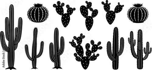 Cactus silhouette vector set, black desert plant icons, saguaro and prickly pear succulent collection, minimalist nature graphics for western design