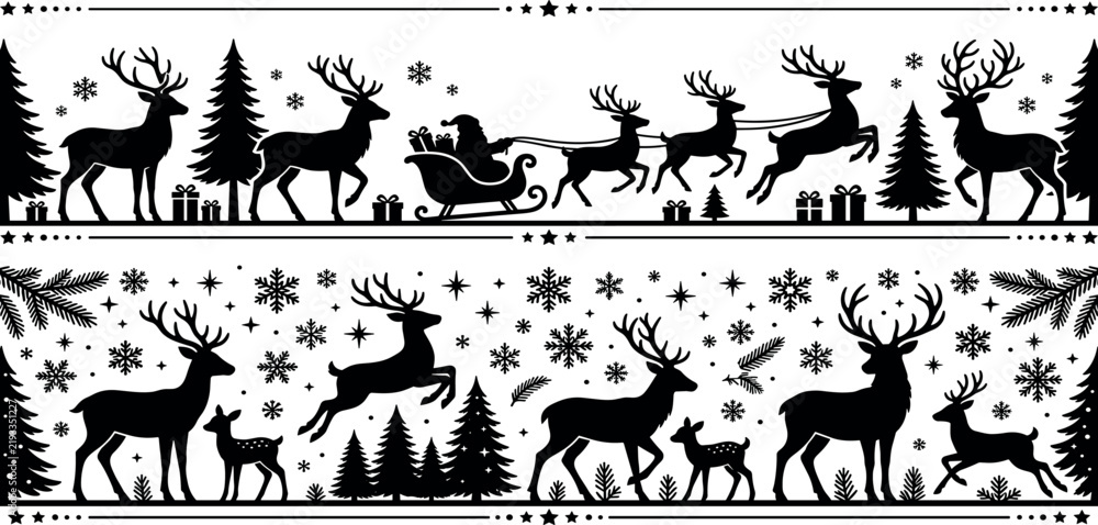 Fototapeta premium Christmas silhouette border vector set with Santa Claus sleigh flying reindeer and winter forest scene for festive holiday invitations and banners