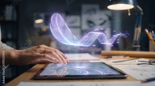 Hand touching tablet displaying glowing wave and data visualization