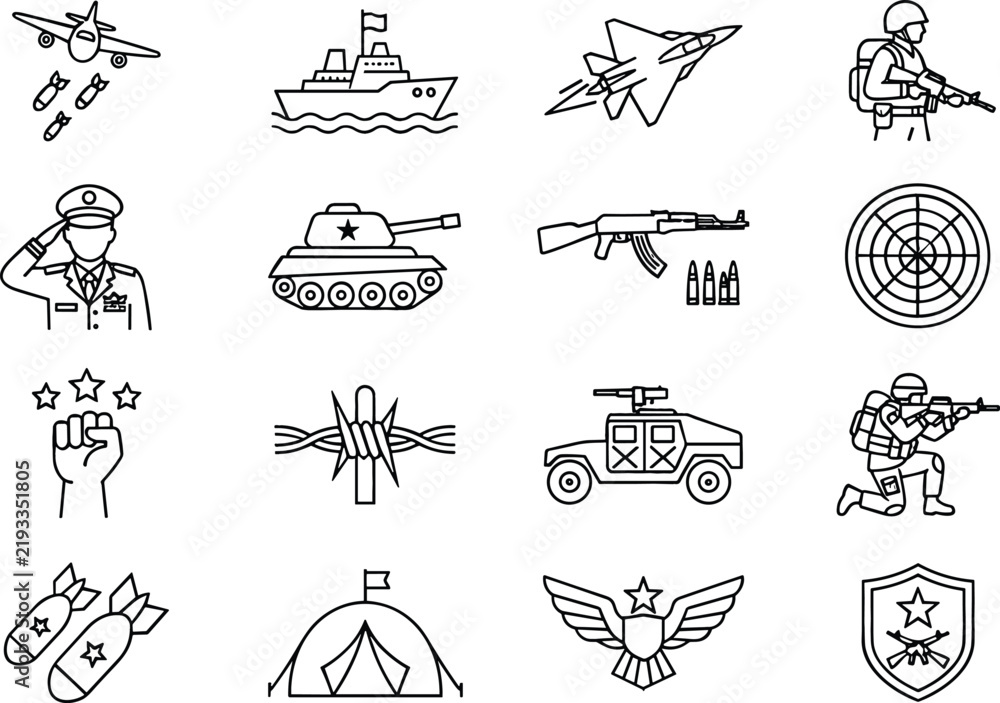 Obraz premium Military warfare and defense line icon set including soldier tank fighter jet warship and combat weapon