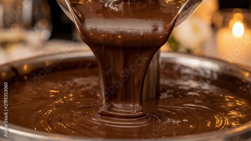 Chocolate Syrup Flowing into Bowl, Creating Glossy Swirl and Molten Cascade with Warm Highlights, Rich Texture, Dessert Preparation, Culinary Background, Indulgent Scene