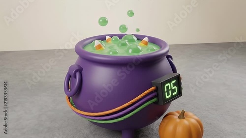 Purple Cauldron with Glowing Bubbles, Digital Display and Orange Pumpkin, Halloween Fantasy Scene with Colorful Candy and Floating Green Sphere on Gray Surface
