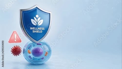 Digital wellness shield protecting biological cell from virus and infection threat, illustrating immunity, healthcare, disease prevention, medical security, cellular defense, public health awareness