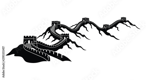 Fotografie The great wall silhouette stretches across mountainous terrain with a white back