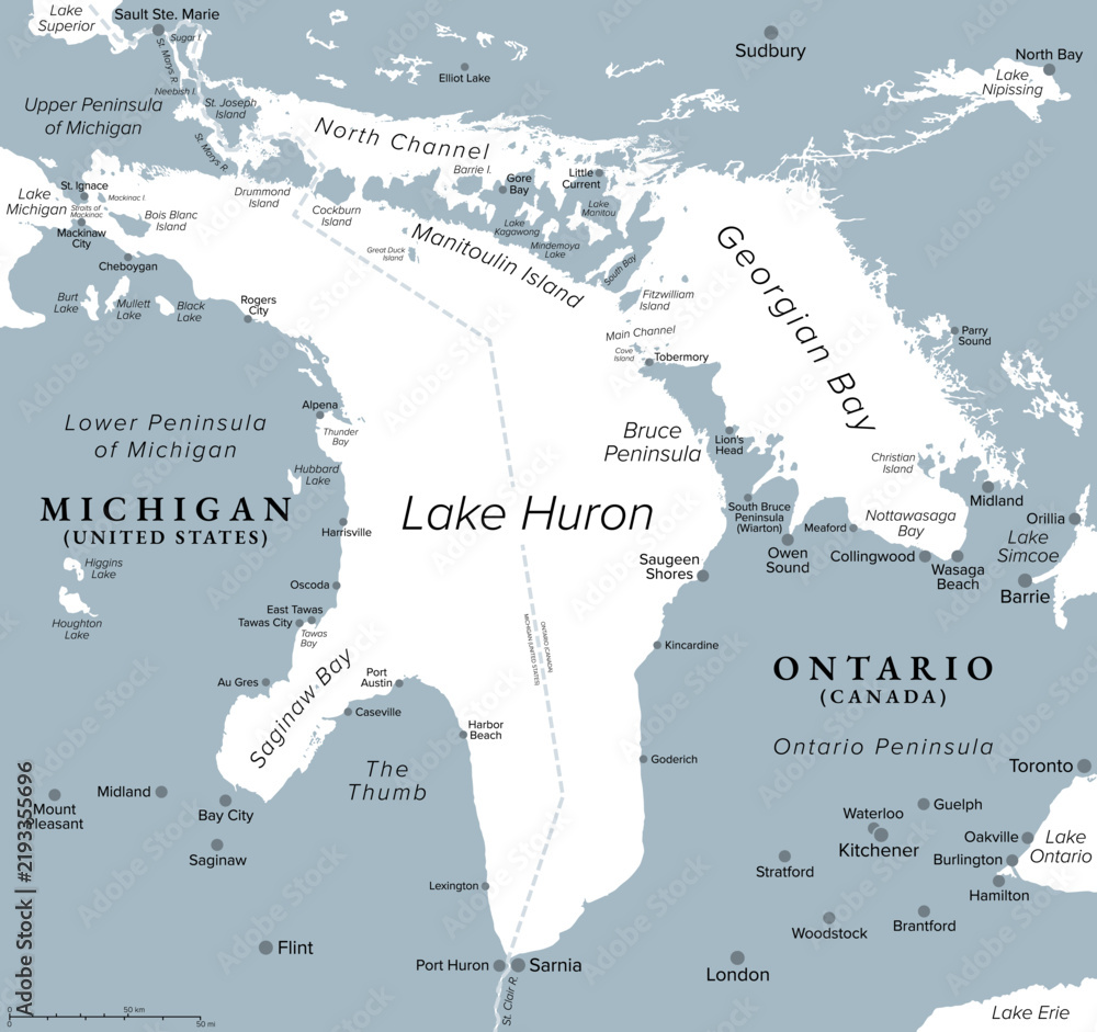 Obraz premium Lake Huron, one of the five Great Lakes in North America, gray political map. Third-largest freshwater lake in the world, shared by Canadian province of Ontario, and U.S. state Michigan, Ohio. Vector